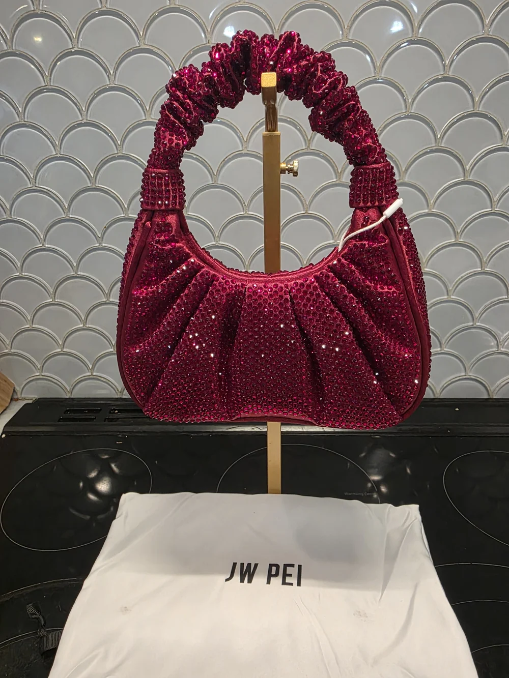 JW PEI Fuchsia Crystal-Embellished Ruched Top-Handle Shoulder Bag